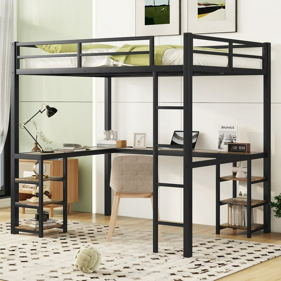 Bellemave Full Loft Bed with L-shaped Desk and Storage Shelves, Full Size Metal Loft Bed Frame for Students, Teens Loft Bed with Guardrails and Ladder, No Box Spring Needed, Black