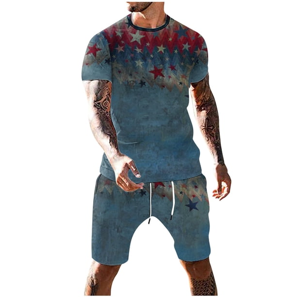 Mens Pantalones Casuales Cuello Redondo Impresión de Manga Corta Blusa Y Pantalones Cortos Traje, Pantalones de Traje para Hombres