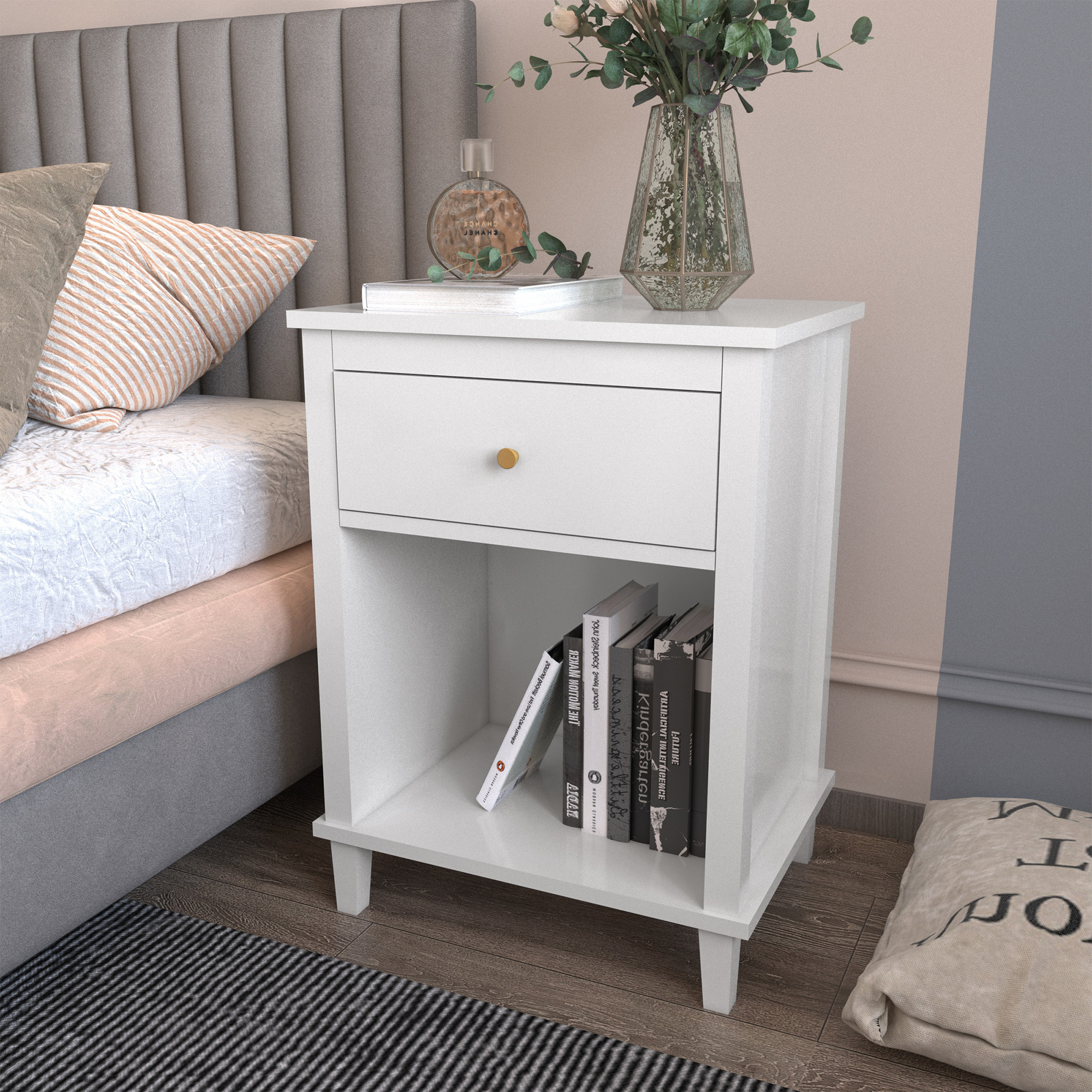 Jopath Wooden Nightstand with One Drawer & One Shelf for Kids, Adults,26.77''H,White02