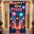 thumbnail image 6 of Colorful Fireworks Happy New Year Banner Clock Tower Design New Year Display Night Scene Cityscape New Year Eve Backdrop for New Year Party New Year Eve Celebration Indoor Decoration, 6 of 9