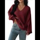 thumbnail image 2 of Suéter de Larga de Otoño para Mujer, Cuello en V, Informal, Ligero, de Punto Vino Tinto L, 2 of 8