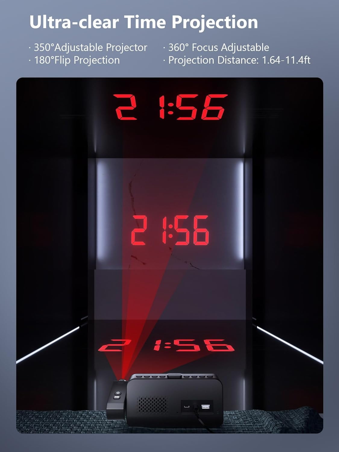 Projection for Bedroom,Digital Clock with 350° Rotatable Projector,5-Level Dimmer,Dual Alarm with Weekday/Weekend Mode,Adjustable Volume,Temp,Humidity,Calendar,Snooze,12/24H,Night Light