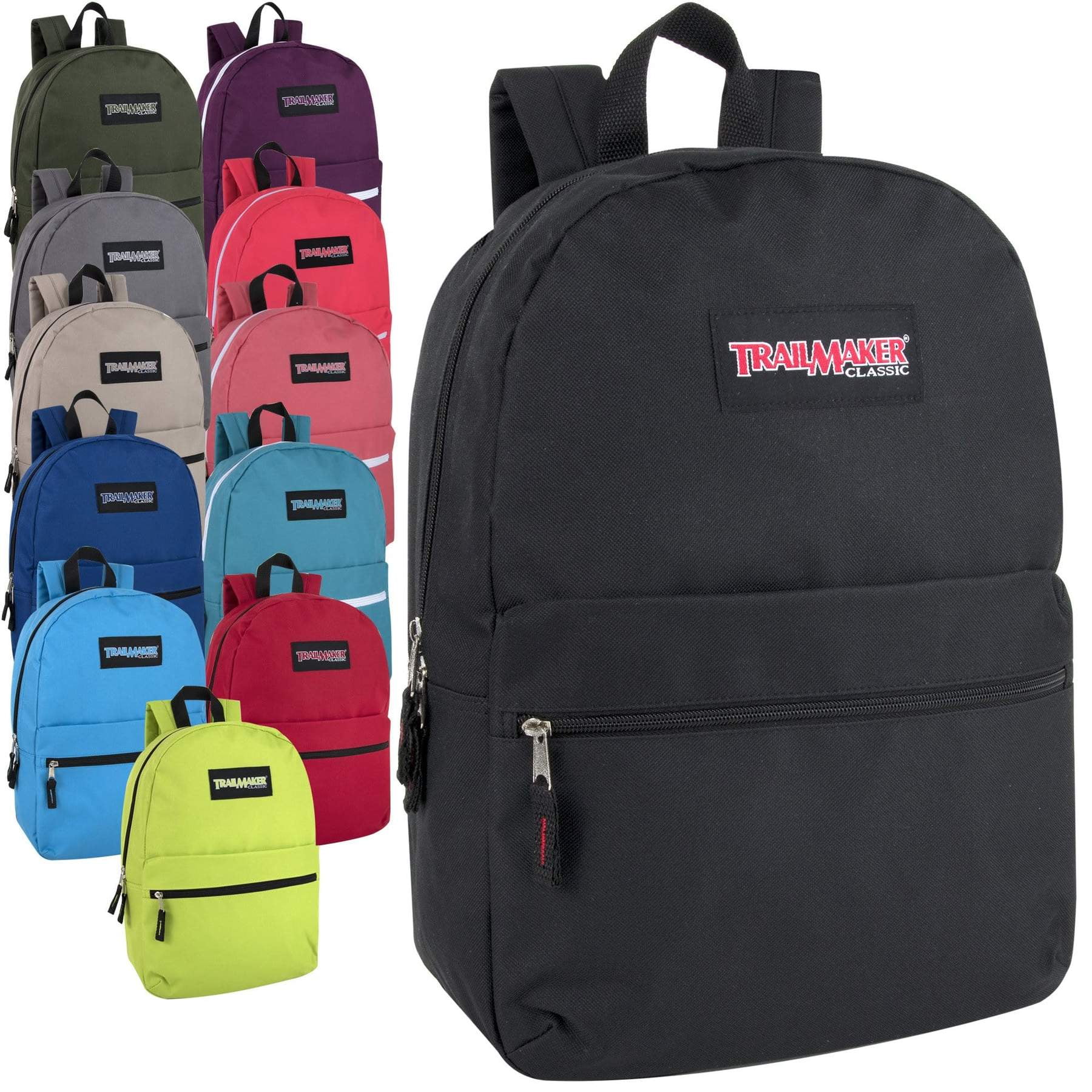 Bulk Case of 24 Classic Bookbags 17 Inch Wholesale Backpacks In 3 Assorted Colors