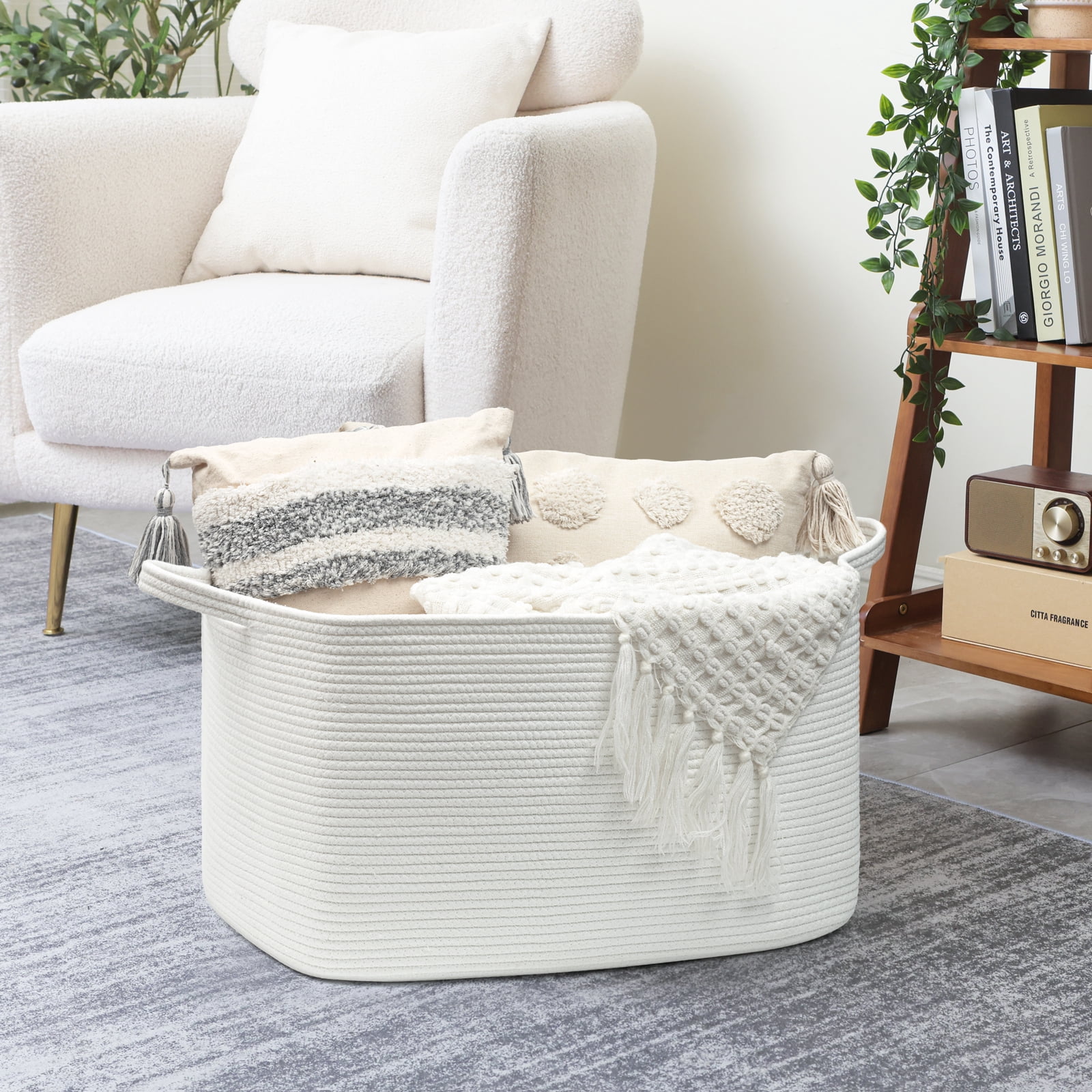 TIMEYARD Large Blanket Basket, 21.6" x 14.9" x 11.8" Rectangle Woven Baskets for Storage-White