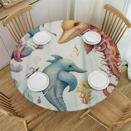 

Palnkart Sea Horse Octopus Round Table Cover Stain Resistant Washable Indoor Outdoor Tablecloth Kitchen Dining Wedding Parties Picnic Camping 100% Polyester Fiber 31-35