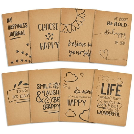 8 Pack Inspirational Notebook A5, 5.8 x 8.3 inch Kraft Paper Lined Journals, Bulk Set, Art Journals, Teacher Notebook for School Classroom, Home, Office - Happy Theme