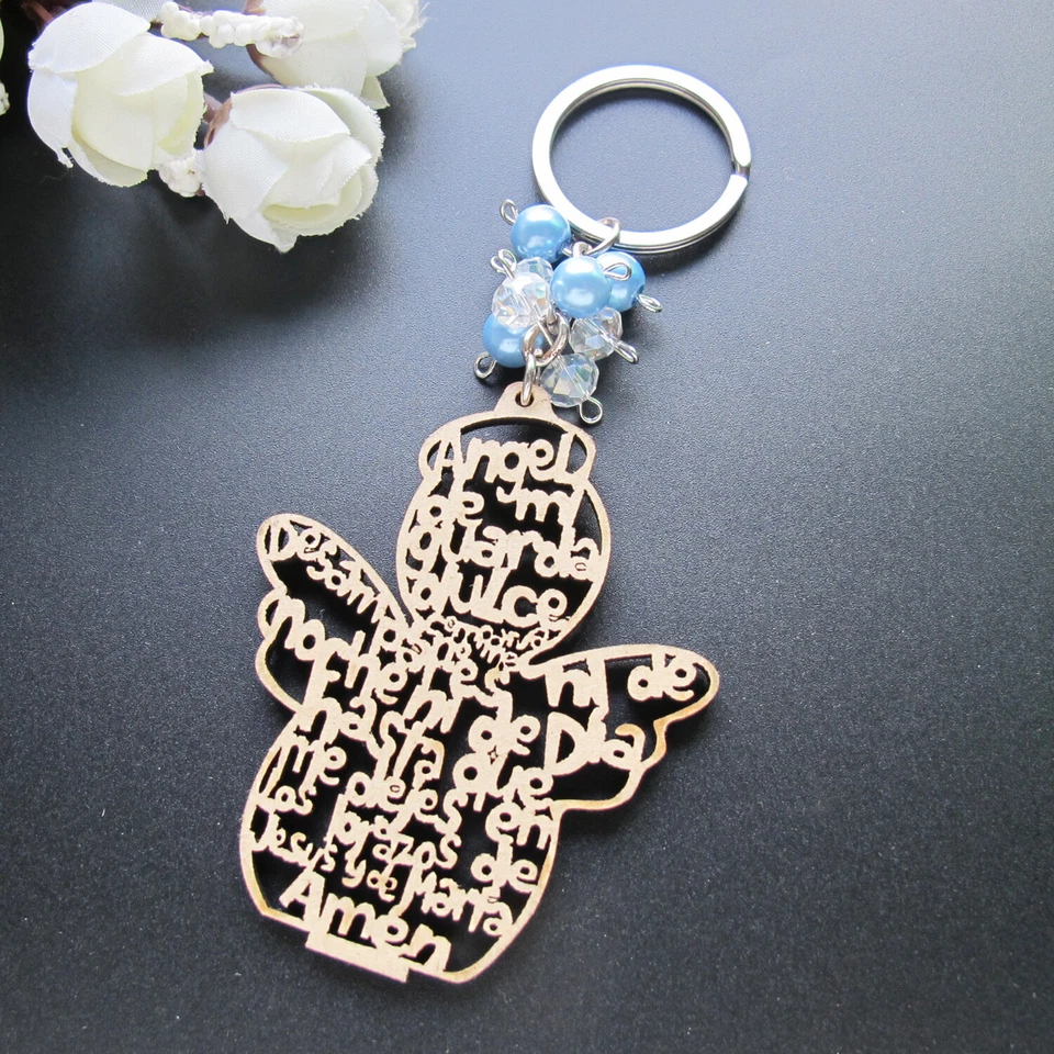 PRIME - 12Pcs Baptism Favor Boy Christening Thin Wood Angel Design Keychain Jk179-Blue