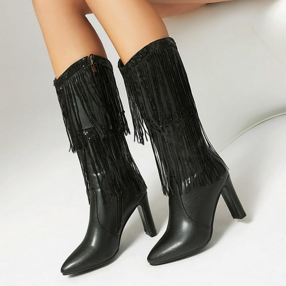 Bnwani Women Boots Footwear Winter Fashion Pointed Zipper High-Heel High Mid-Calf Knee-High Casual Solid Tassel Boot Black Size 5