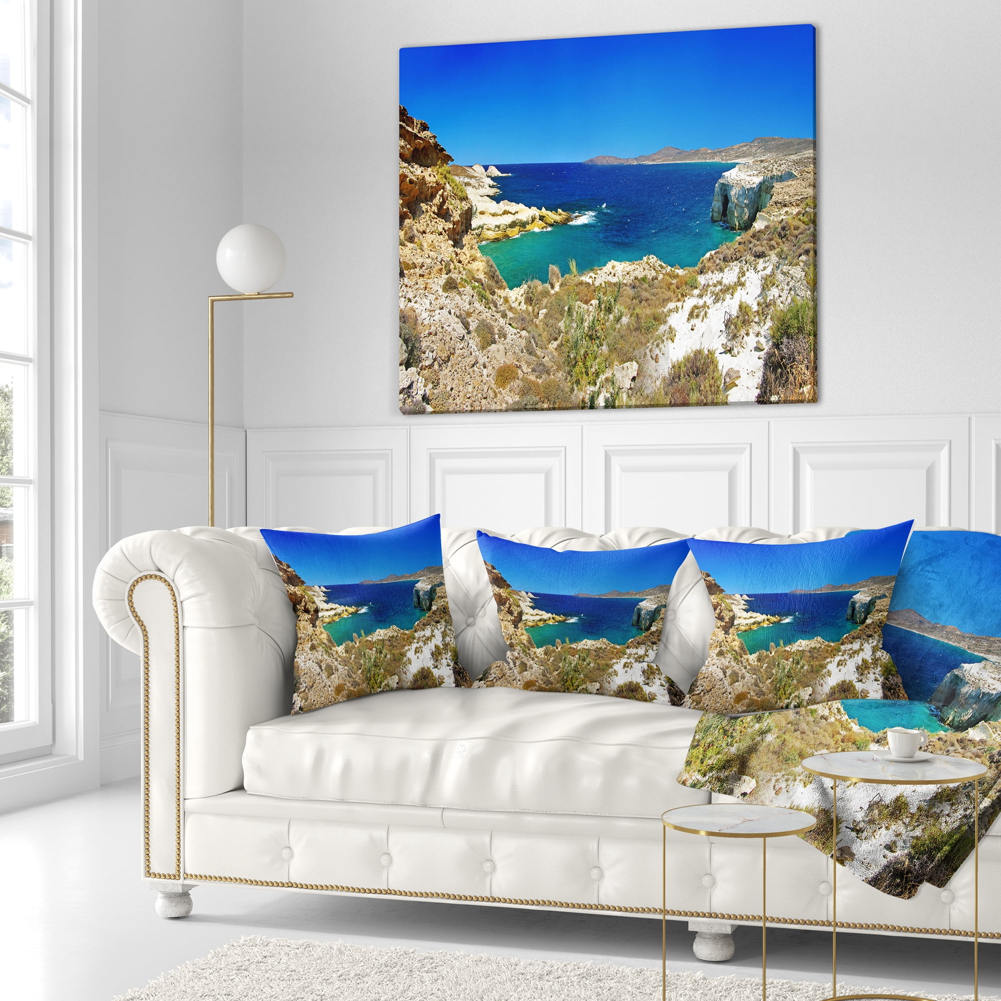 Designart Milos Island Bay Panorama - Seashore Throw Pillow - 16x16