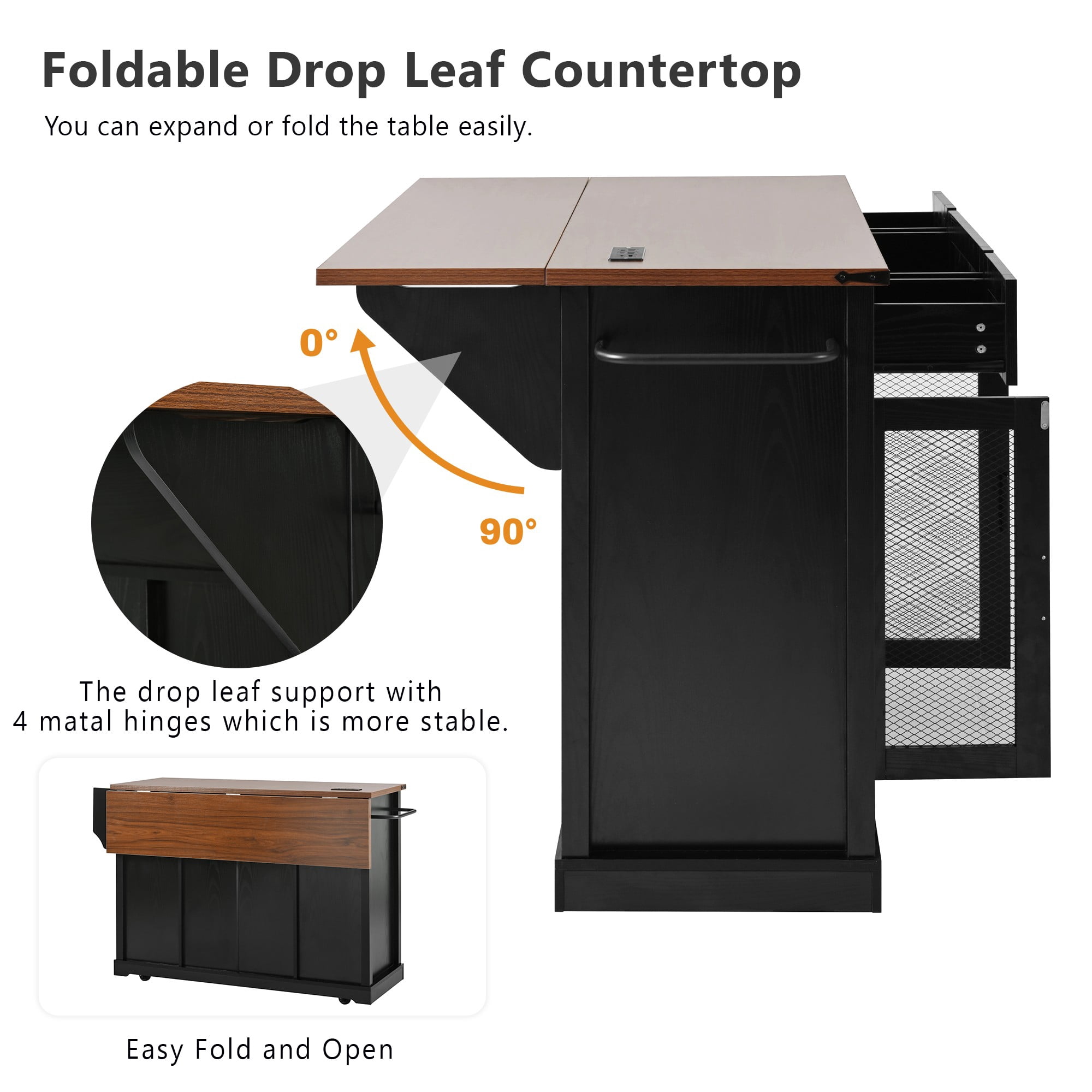 Mintazer 58" Farmhouse Kitchen Island Cart with Single Drop Leaf & Power Outlet, Rolling Kitchen Island Table with Sliding Barn Doors, 3 Drawers & Side Spice Towel Racks, Black
