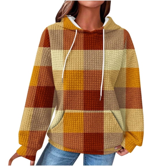 JWZUY Womens Plaid Sweatshirts Waffle Outwear Winter Jumper Long Sleeve Drawstring Crewneck Sweatshirt Basic Pullover Yellow XXXL