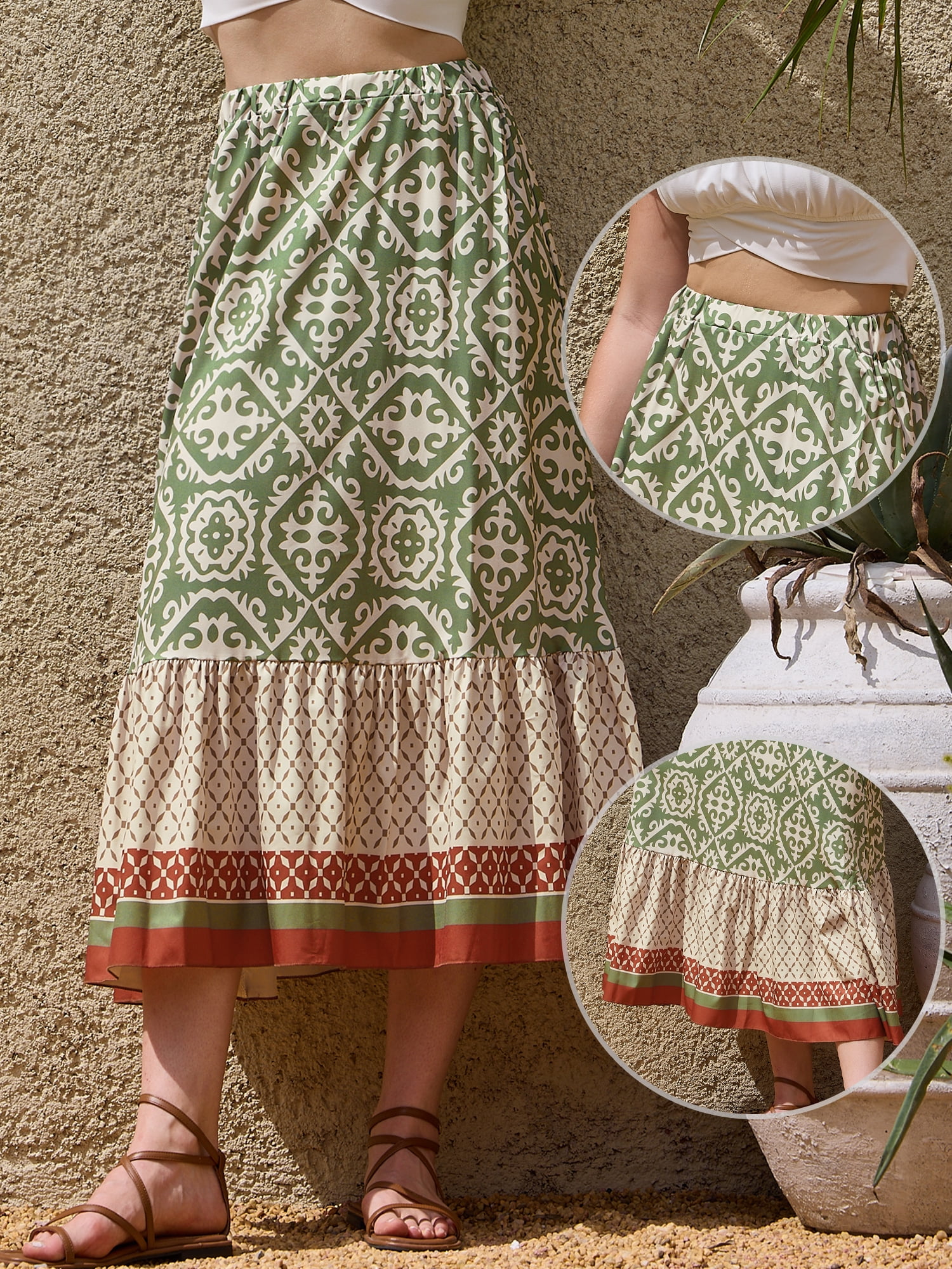 DARING DIVA Women's Summer Beach Graphic Midi Western Skirts Medium Green