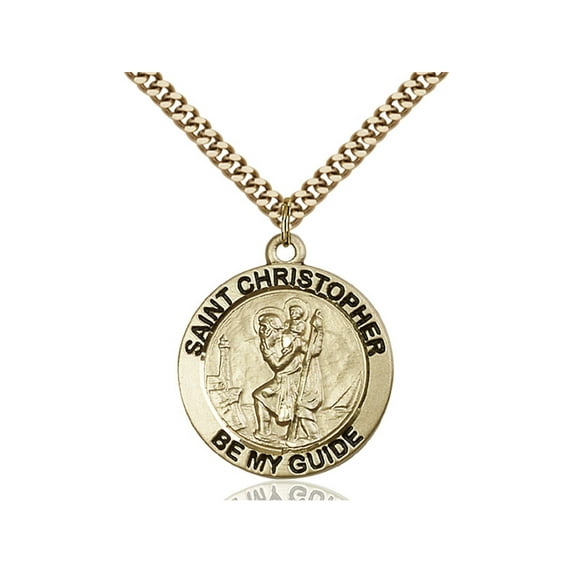 Gold Filled St. Christopher Pendant 1 x 7/8 inches with Heavy Curb Chain
