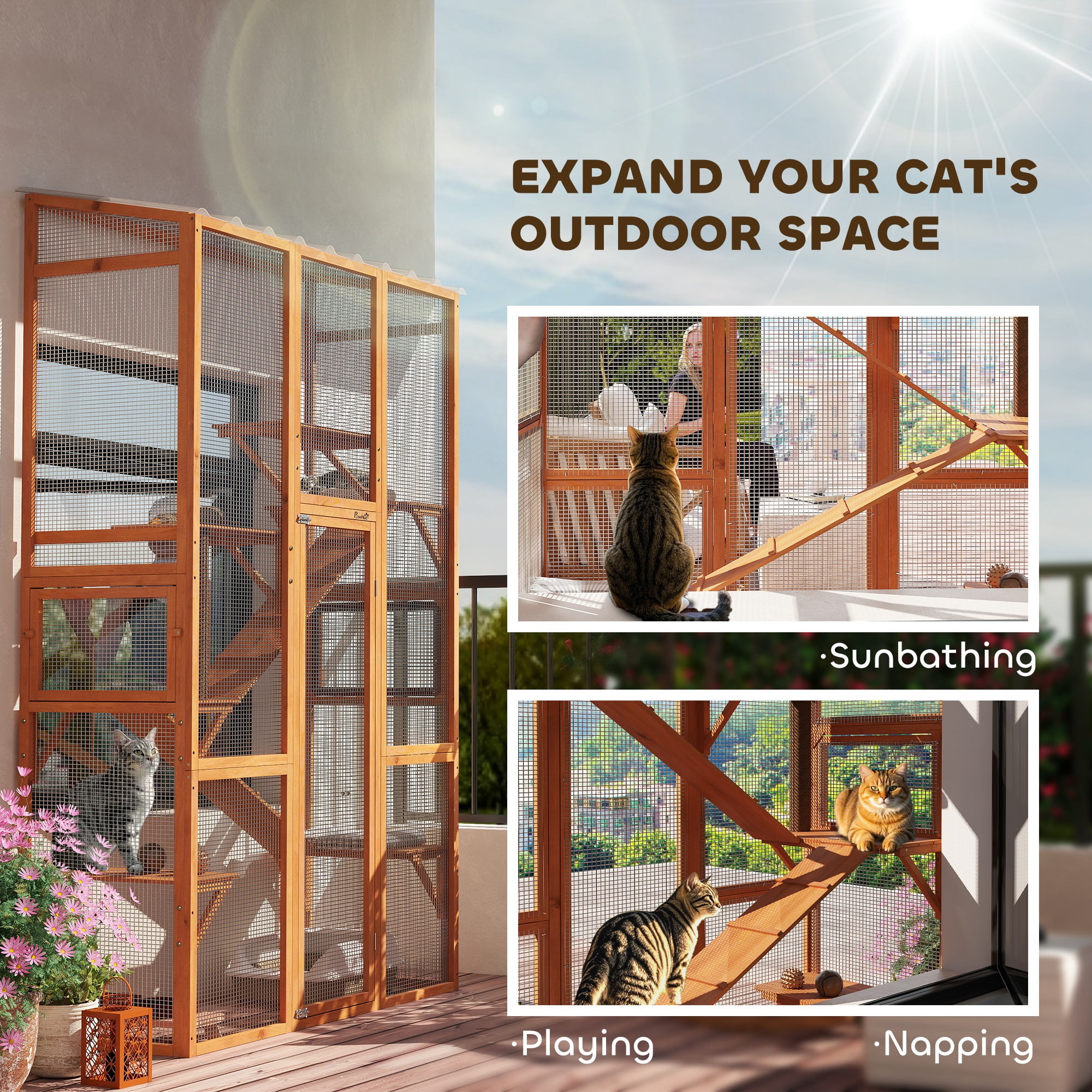 PawHut Outdoor Catio Cat Enclosure, Large Wooden Cat House with 6 Jumping Platforms, Scratching Post, 2 Ramps, Waterproof Roof, for 2-3 Kittens