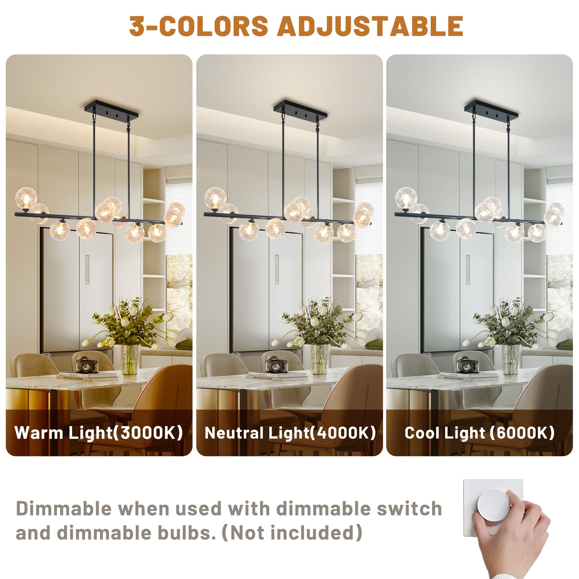 Auffel Linear Chandelier Chandeliers for Dining Room with Clear Swirled Glass Globe Dining Room Light Fixture for Kitchen Island Living Room 51inch 11-Lights Black