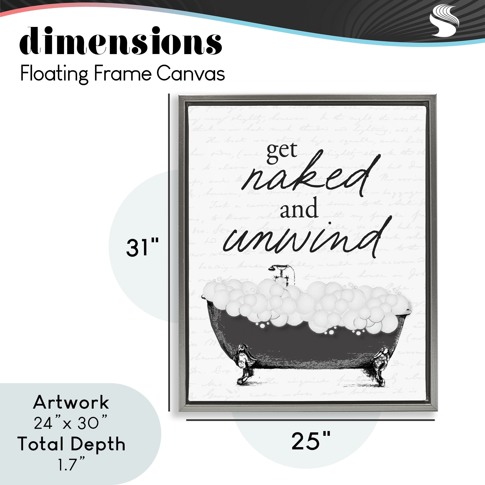 Unwind Bubble Bath Gray Framed Floater Canvas Wall Art, design by Lettered and Lined