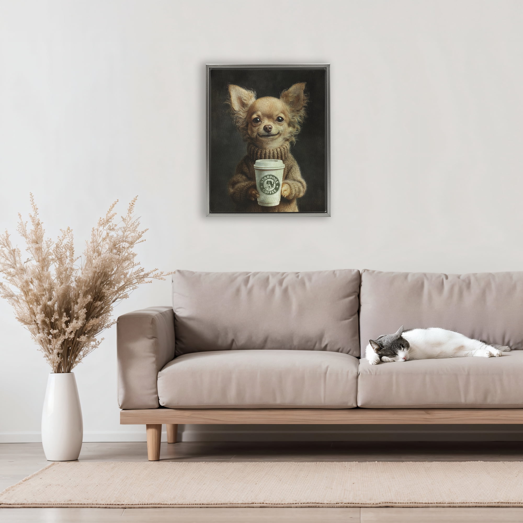 Stupell Industries Espresso Pup in Cozy Sweater Gray Framed Floater Canvas Wall Art, design by Svetlana Aleynikova