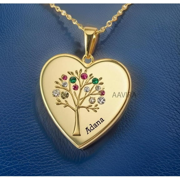 Ruby Heart Tree of Life Pendant Necklace for Women, Personalized Name & Multi Birthstone Necklace, Custom Family Jewelry Gift