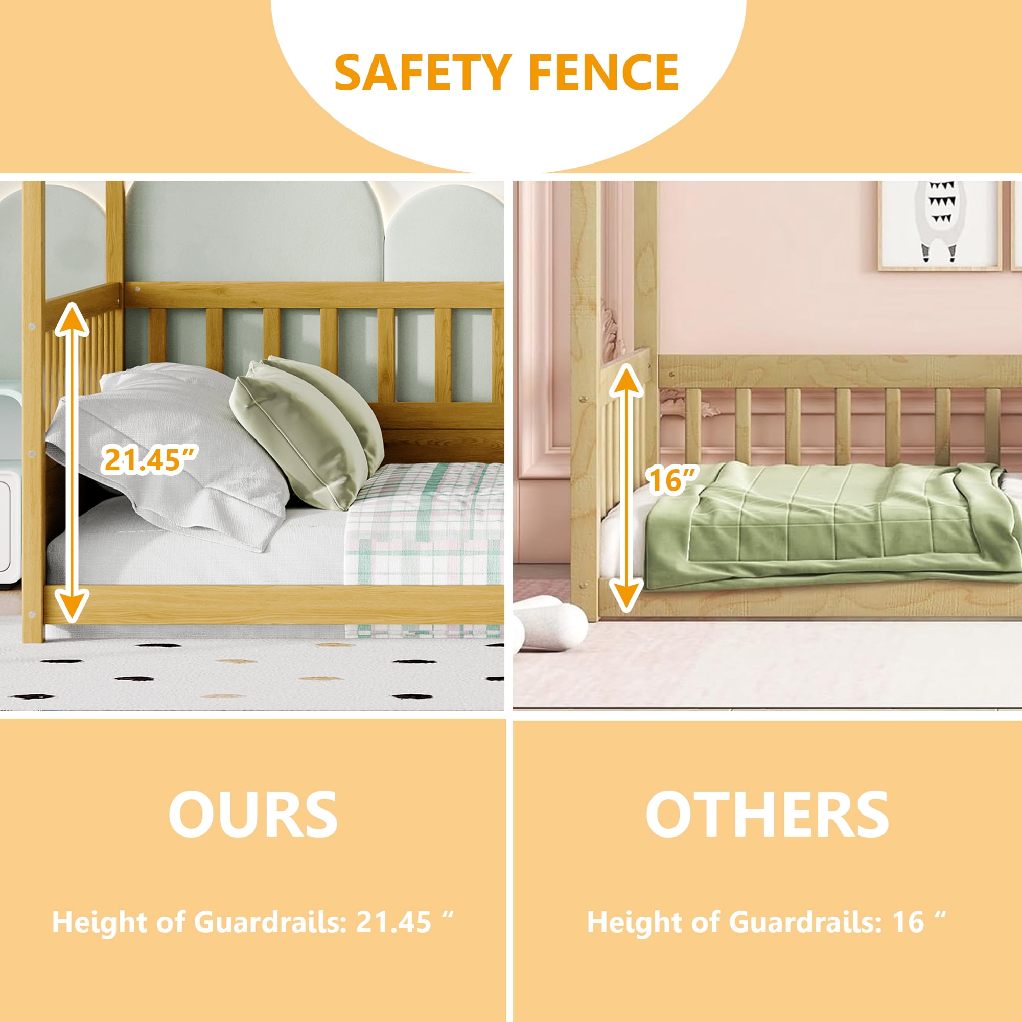 Bellemave Full Size Canopy Bed Frame with High Fence Guardrails Montessori Floor Bed Frame with Four Poster Design Wooden Canopy Bed (Full, Natural)