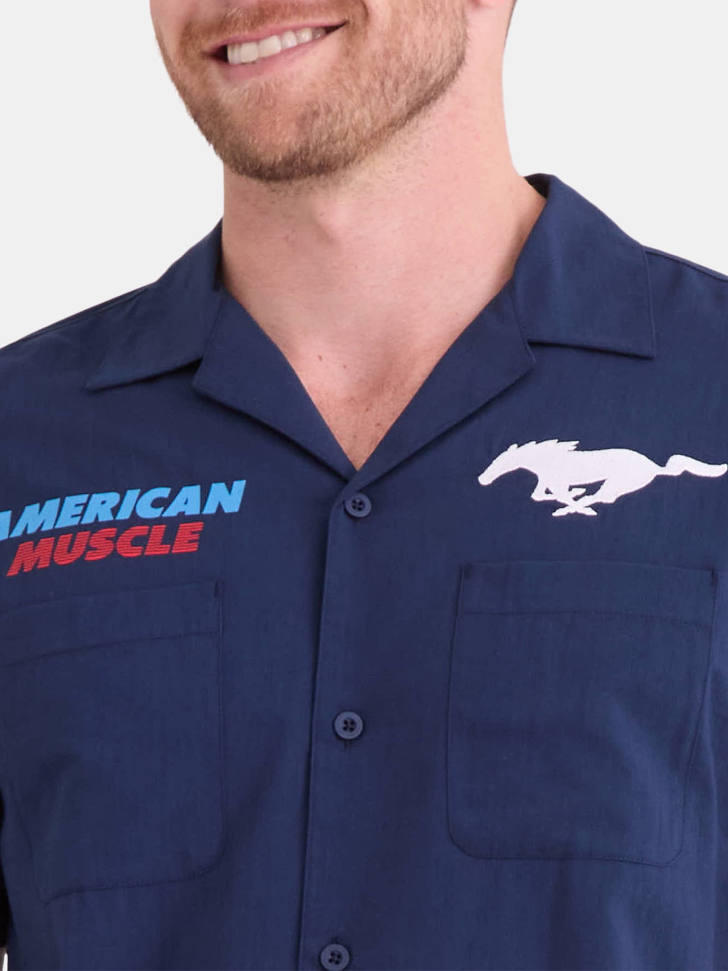 Ford Mustang Men's and Big Men's Front and Back Graphic Button Up Workwear Style Mechanics Shirt with Short Sleeves, Sizes S-3XL