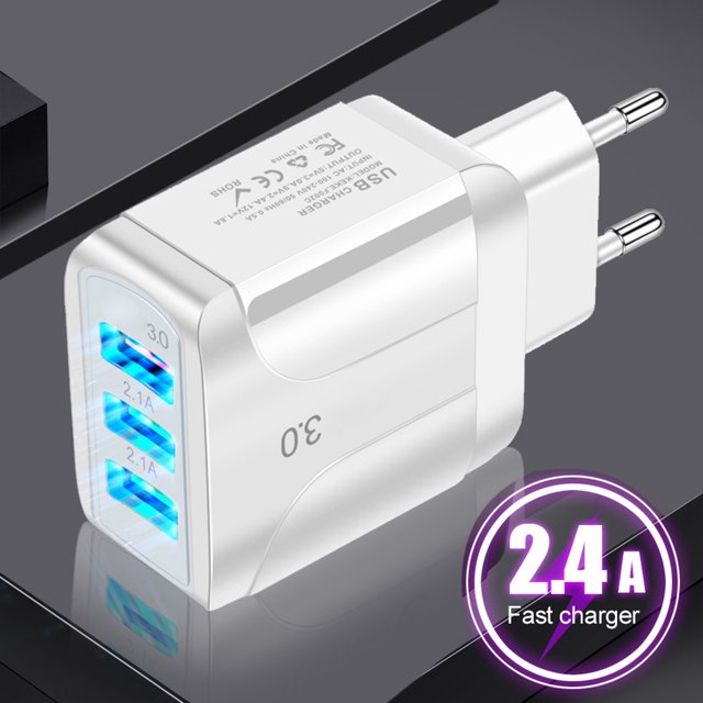 TopLLC EU QC 3.0 Charger 2.1A USB PD Plug three Power Ports Travel Charger For Phone