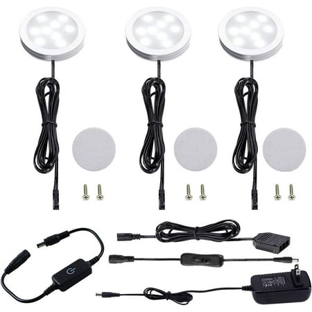 

Under Cabinet LED Puck Lighting Kit Black Cord with Touch Dimmer Switch for Kitchen Showcase Cupboard Closet Lighting 3 Lights 6W (Daylight White)