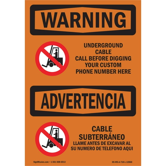 OSHA WARNING Sign - Underground Cable Call Custom Bilingual | Decal | Protect Your Business, Work Site, Warehouse & Shop Area | Made in the USA