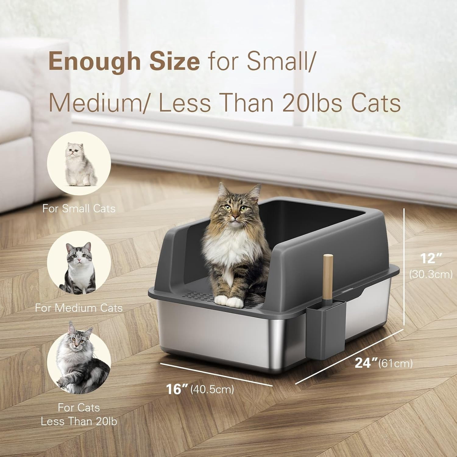 Stainless Steel Litter Box, Large Cat Litter Box, 24”L x 16”W x 12”H, XL Metal Cat Litter Box for Big Cats with High Sided Enclosure, Non-Sticky, Easy Cleaning, Anti-Leakage