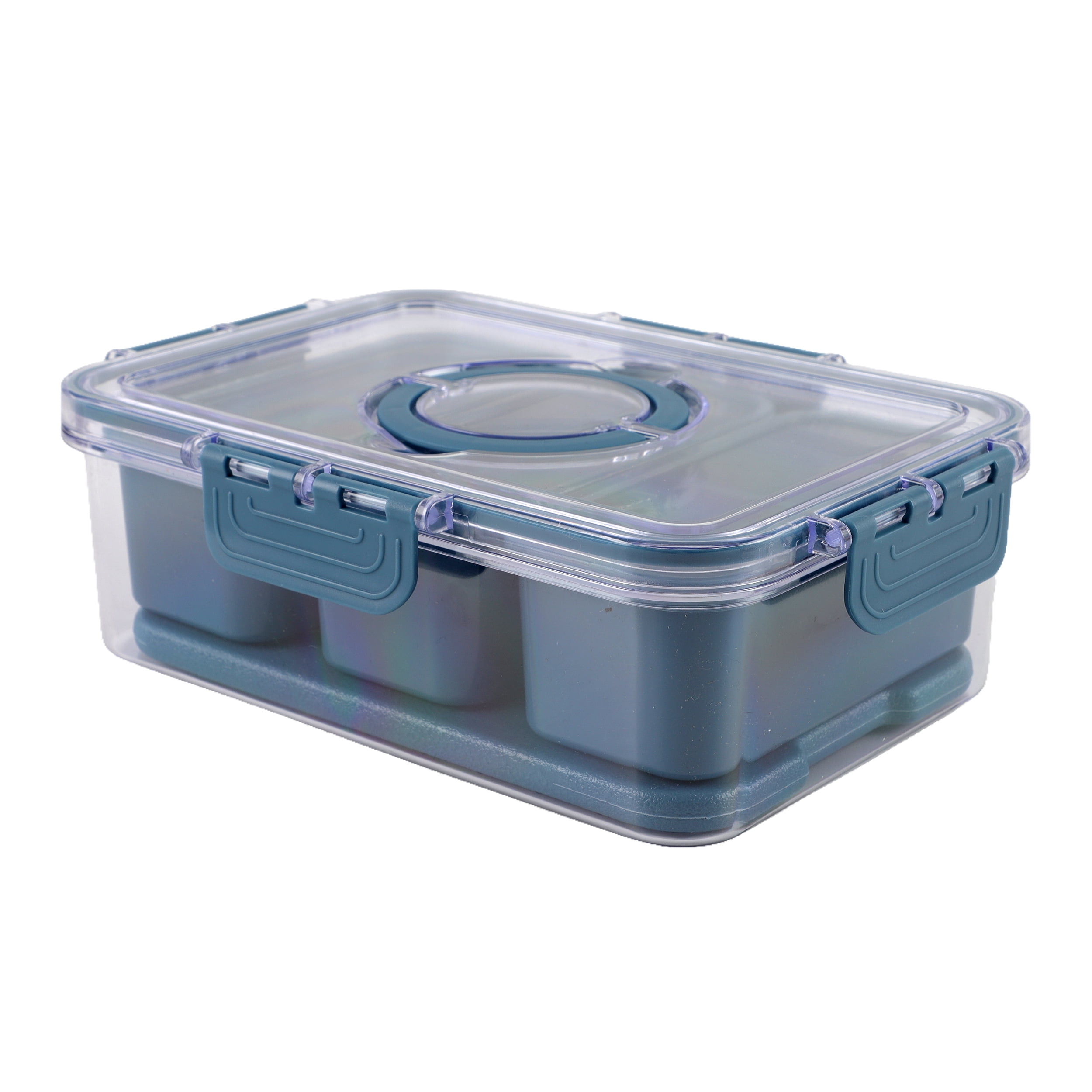 (3 pack) Cook with Color 3-Compartment Snack Box with Removable Ice Pack, Portable Food Storage with Locking Lid and Handle, Blue