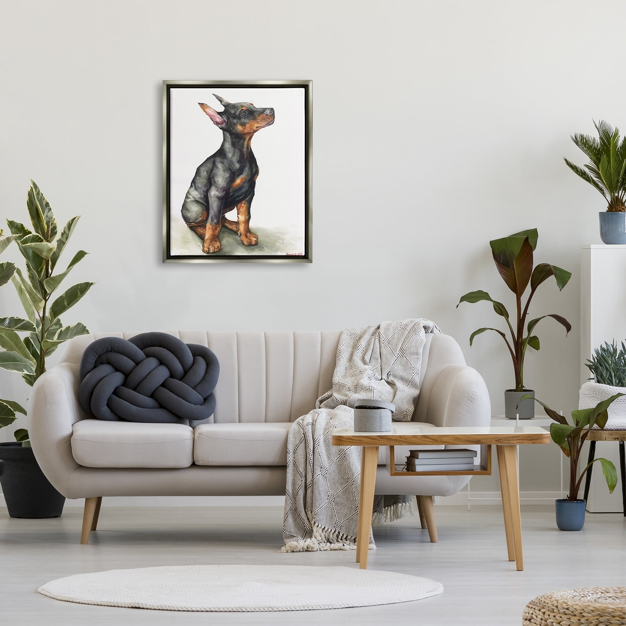 Stupell Industries Doberman Puppy Dog Pet Animal Watercolor Painting Luster Gray Framed Floating Canvas Wall Art, 24x30, by George Dyachenko