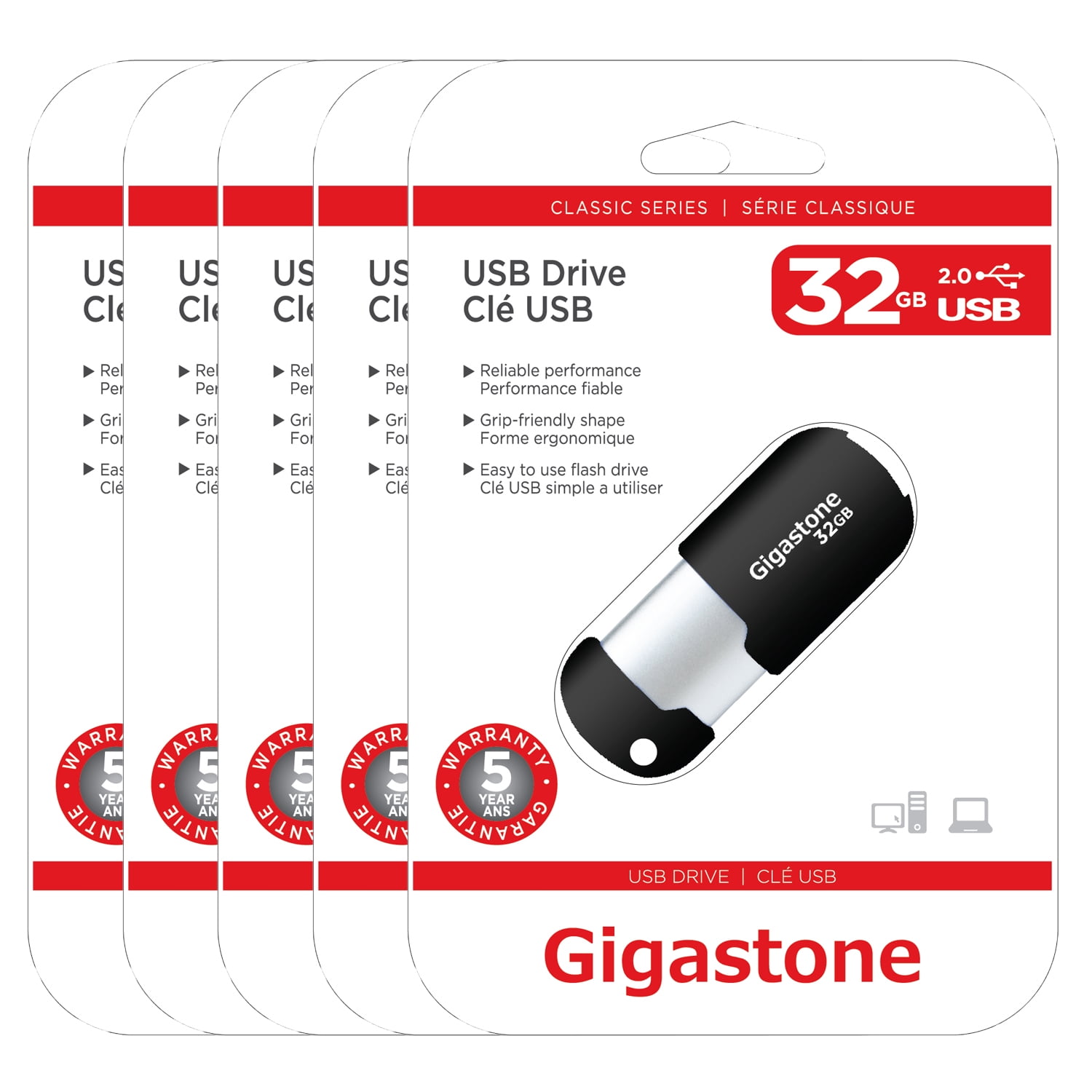 Gigastone V10 32GB USB 2.0 Flash Drive, Capless Retractable Design Pen Drive, Black and Silver, 5 Pack (5x32GB) - GS-Z32GCNBLX5-B