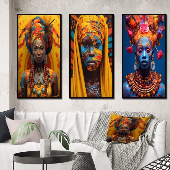 Designart "Vibrant Festivities Traditional African Portraits II" Boho Woman Framed Wall Art Set Of 3 - Yellow Woman Boho Frame Gallery Set For Office Decor