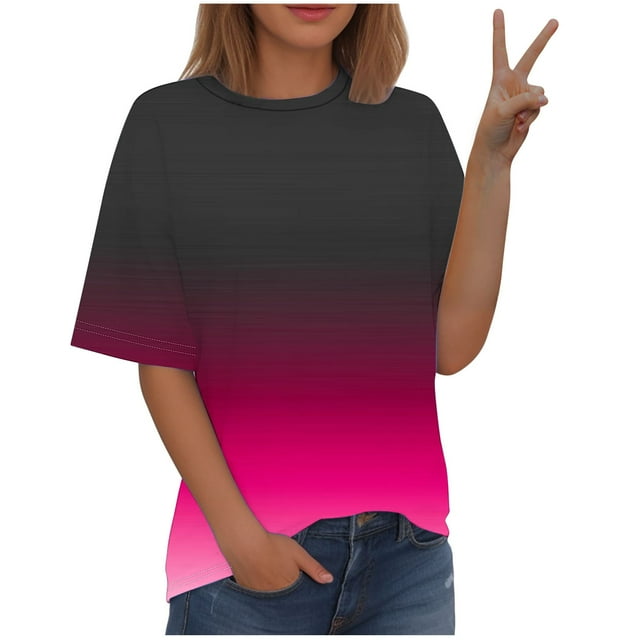 Scyoekwg Blouses d'Été à Manches Courtes pour Femmes Col Rond Basiques Légères Amples Tendance Dégradé (Noir, TG)
