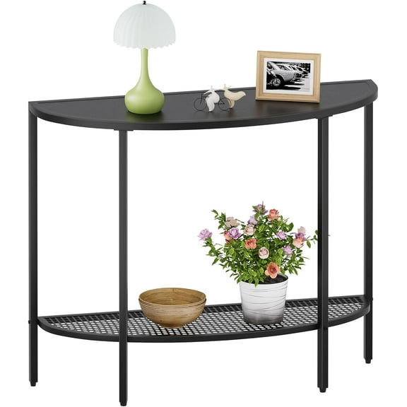 Black Half Moon Console Table 2 Tier Narrow Entryway Table with Storage Modern Couch Table Small Entry Way Tables, Easy Assembly, All Black