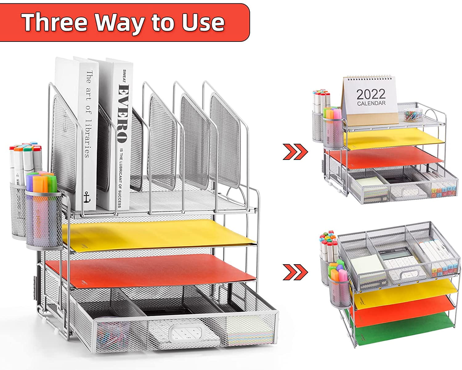 Marbrasse Desk Organizer with Drawer, 4-Tier Mesh Desk File Organizer with 5 Vertical File Holders and 2 Pen Holders, Multifunction Desktop Organizer