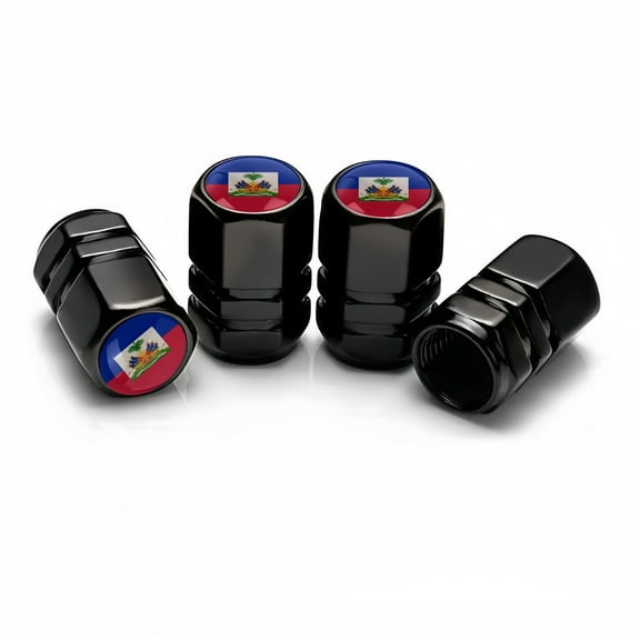 4-Piece Tire Valve Stem Caps, Compatible with Haiti Flag, Black Metal, Universal for Trucks, Motorcycles, SUVs, Bikes