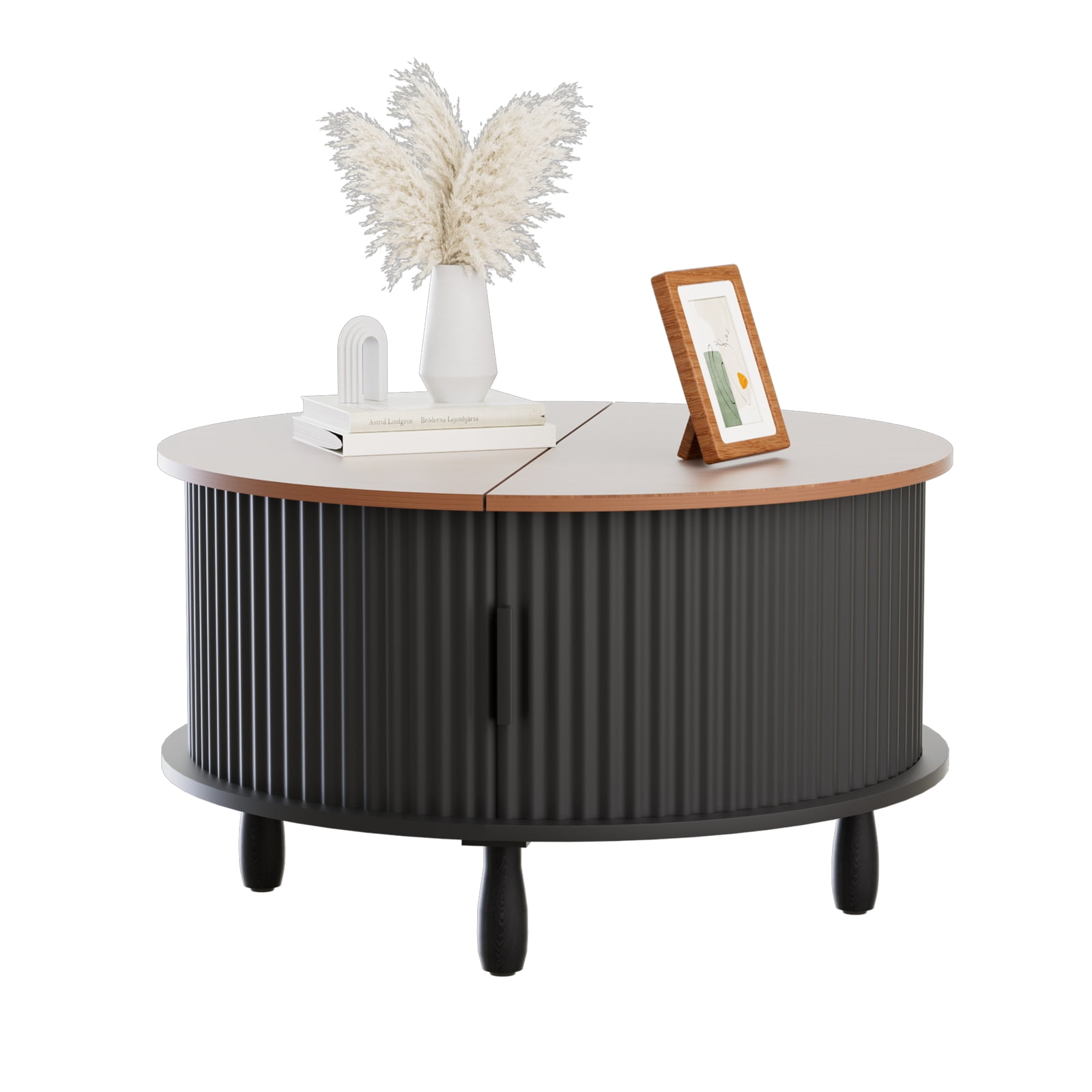Strafriture Round Coffee Table with Storage, 30.7" Modern Coffee Table with 360° Curved Sliding Door, Fluted Wood Coffee Table with Footpads, Round Center Table for Living Room, Black