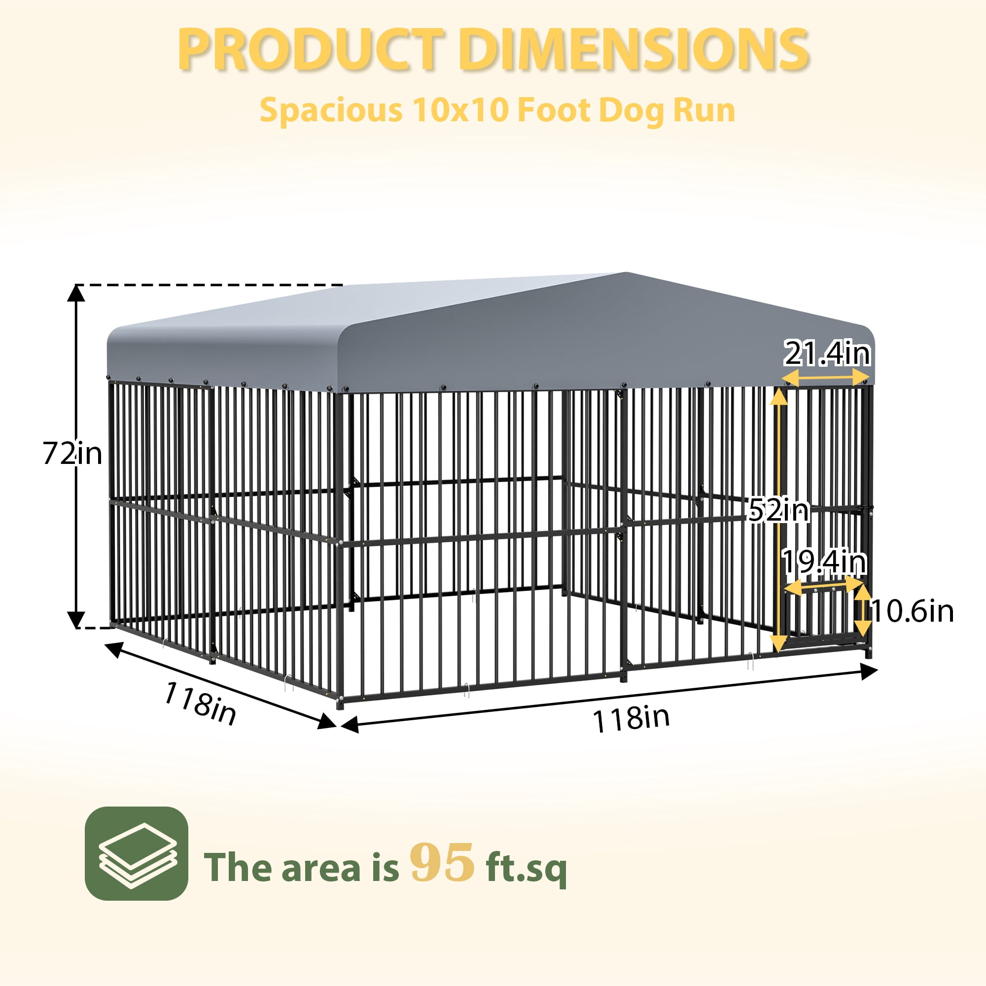 LZBEITEM 10x10ft Heavy Duty Outdoor Dog Kennel, Large Metal Dog Run Playpen with Waterproof UV-Resistant Cover & 360° Rotating Bowl Holder, Black