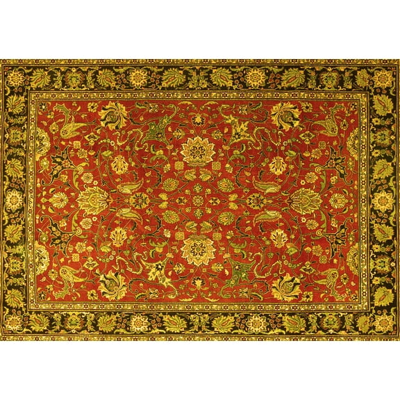 Ahgly Company Machine Washable Indoor Rectangle Persian Yellow Traditional Area Rugs, 5' x 7'
