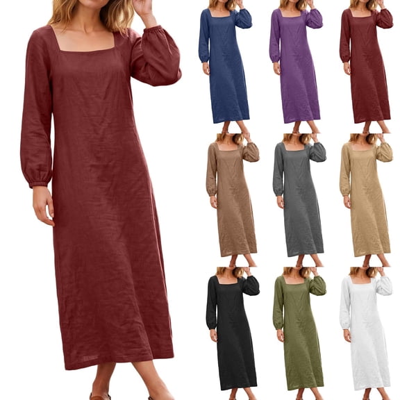 Women's Square Neck Long Sleeve Maxi Dress, Elastic Cuff Loose Fit Flowy Dress for Vacation Daily Wear Fall Wedding Guest, Women's Plus L
