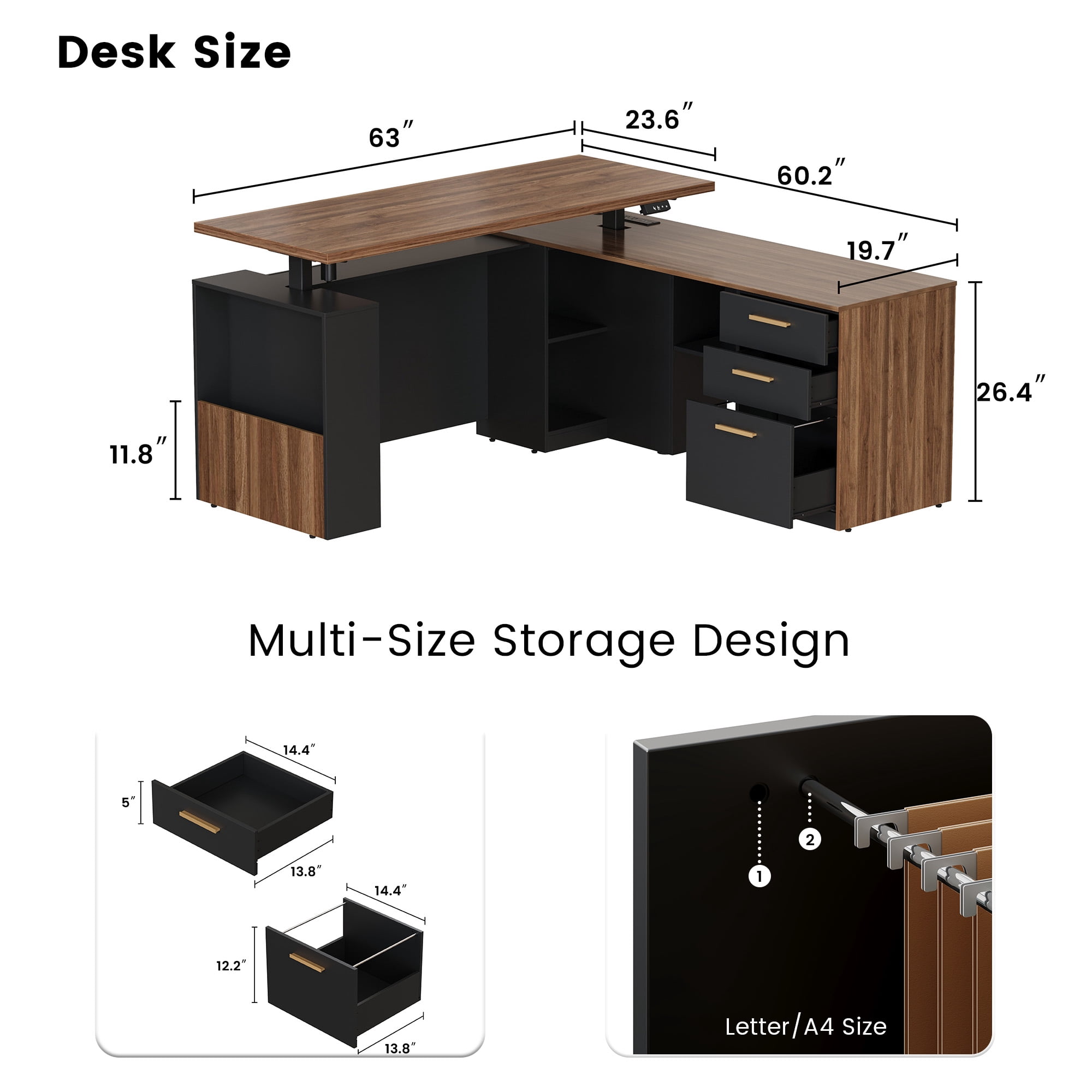 ModernMate 63" Height Adjustable Standing Desk with Privacy Panel, 2 Large One-Piece Desktops, L-Shaped Executive Workstation with 3-Drawer Filing Cabinet for Home Office