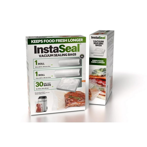 InstaSeal Food Vacuum Seal Bags – 2 Rolls & 30 Pre-Cut Bags, BPA-Free, Compatible with Most Vacuum Sealing Systems, Vacuum Seal Bags