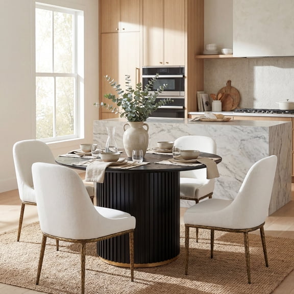 Christopher Knight Home 5-Piece Round Dining Set, Pedestal Table with Upholstered Armless Chairs, Black Forged Brass