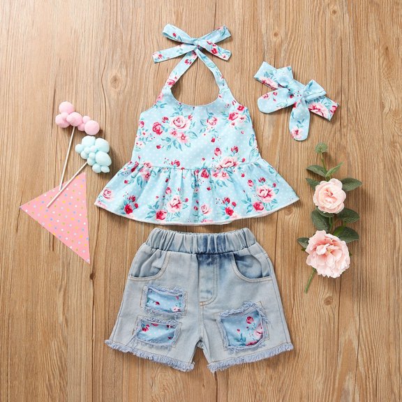 Vedolay Shorts Sets Girls 2 Piece Toddler Girl Clothes Summer Outfits Square Neck Puff Short Sleeve T-Shirt Tops Short Sets,Blue 12-24 Months