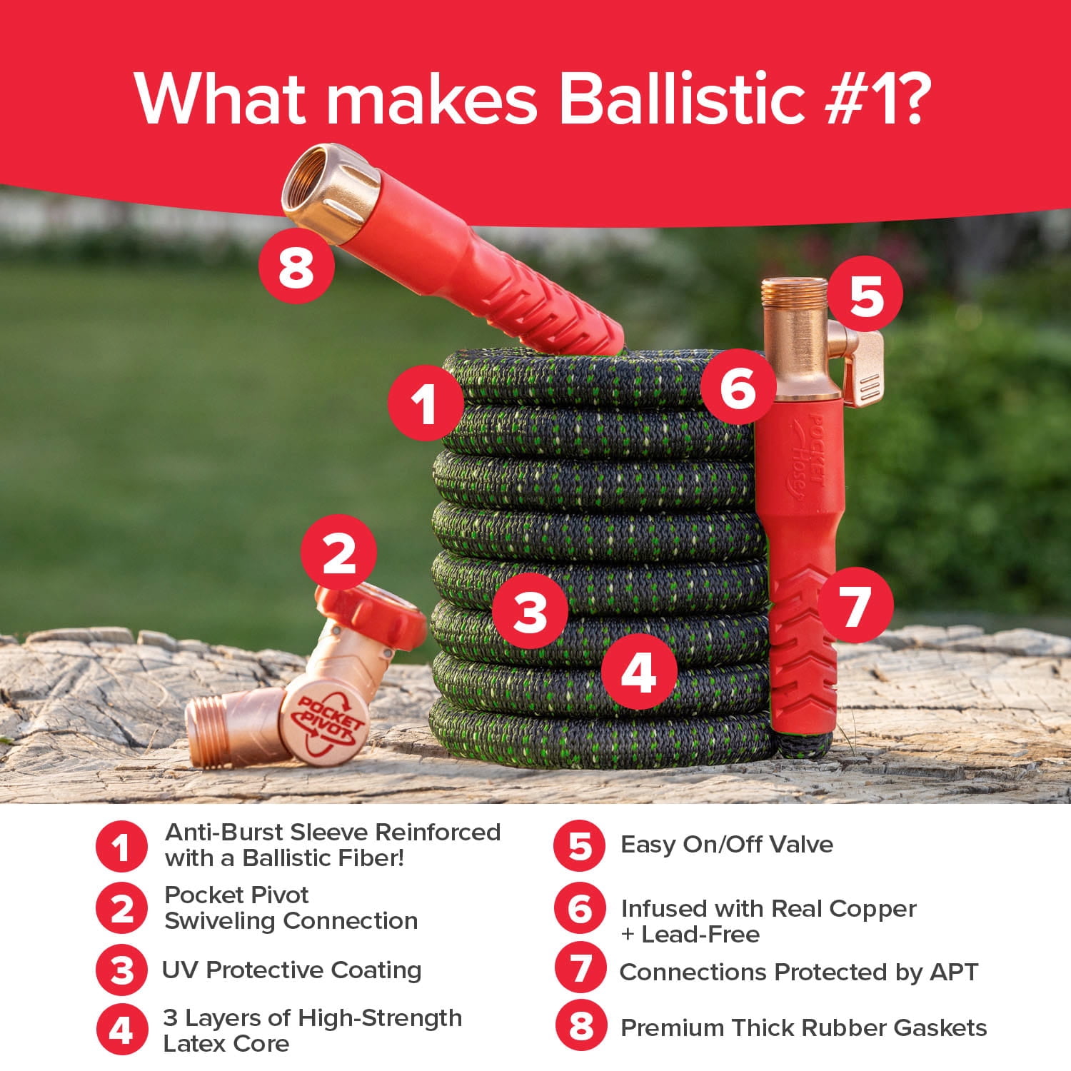 Pocket Hose Ballistic Double UV 50 ft Expandable Garden Hose with Pocket Pivot