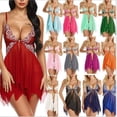 thumbnail image 3 of Pijama de lencería sexy de encaje multicolor con dobladillo transparente, parte delantera irregular, falda con tirantes y abertura media, 3 of 6