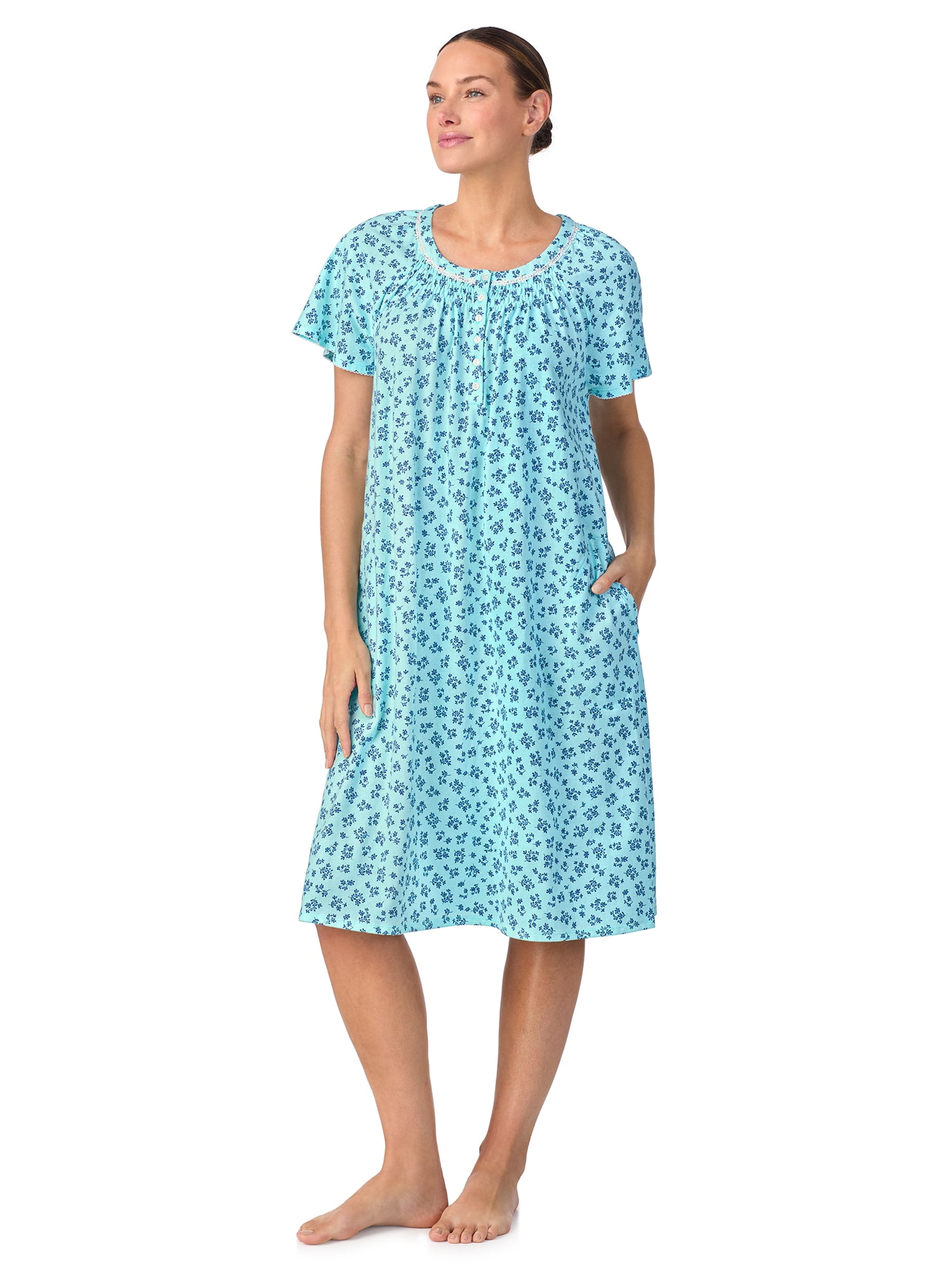 Aria Women's 100% Cotton Raglan Sleeve Smocked Neck Sleepwear 40" Gown, Sizes XS-5X
