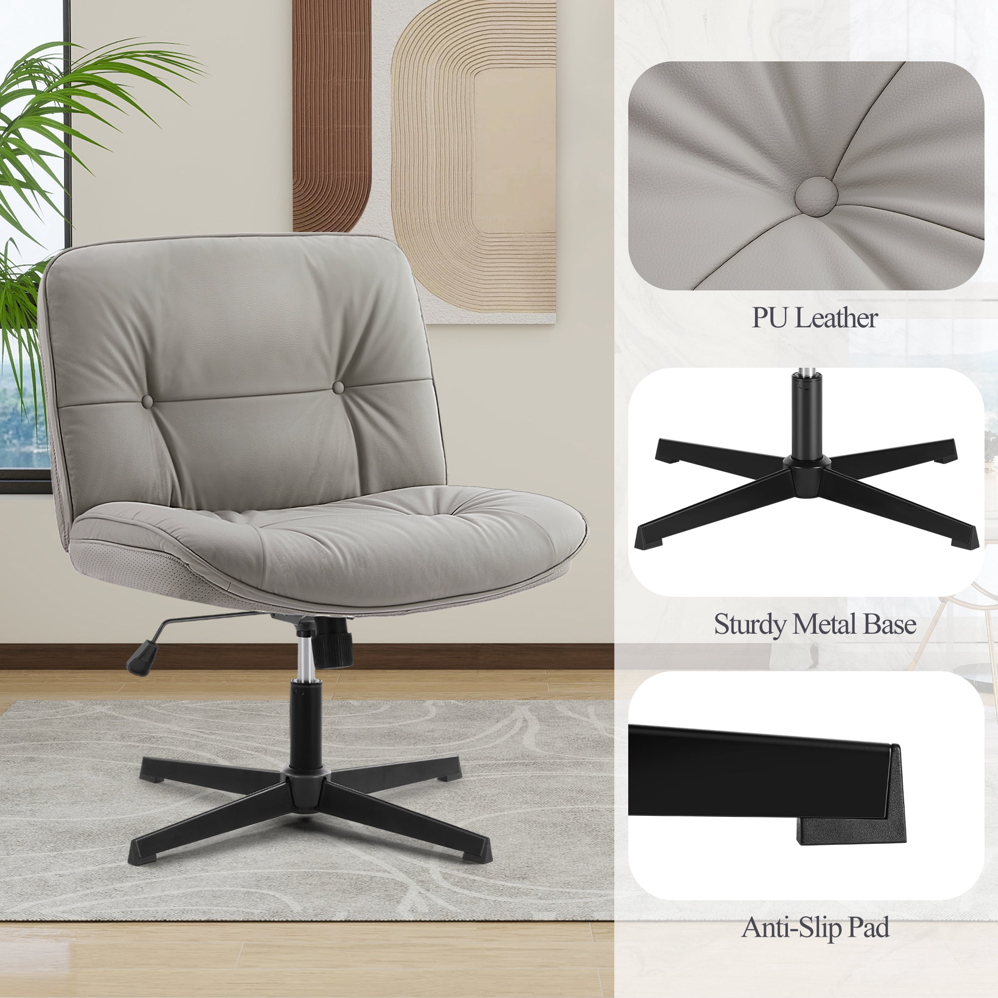 ZUNMOS Armless Office Chair, Wide Ergonomic Design, Height Adjustable, Khaki Gray