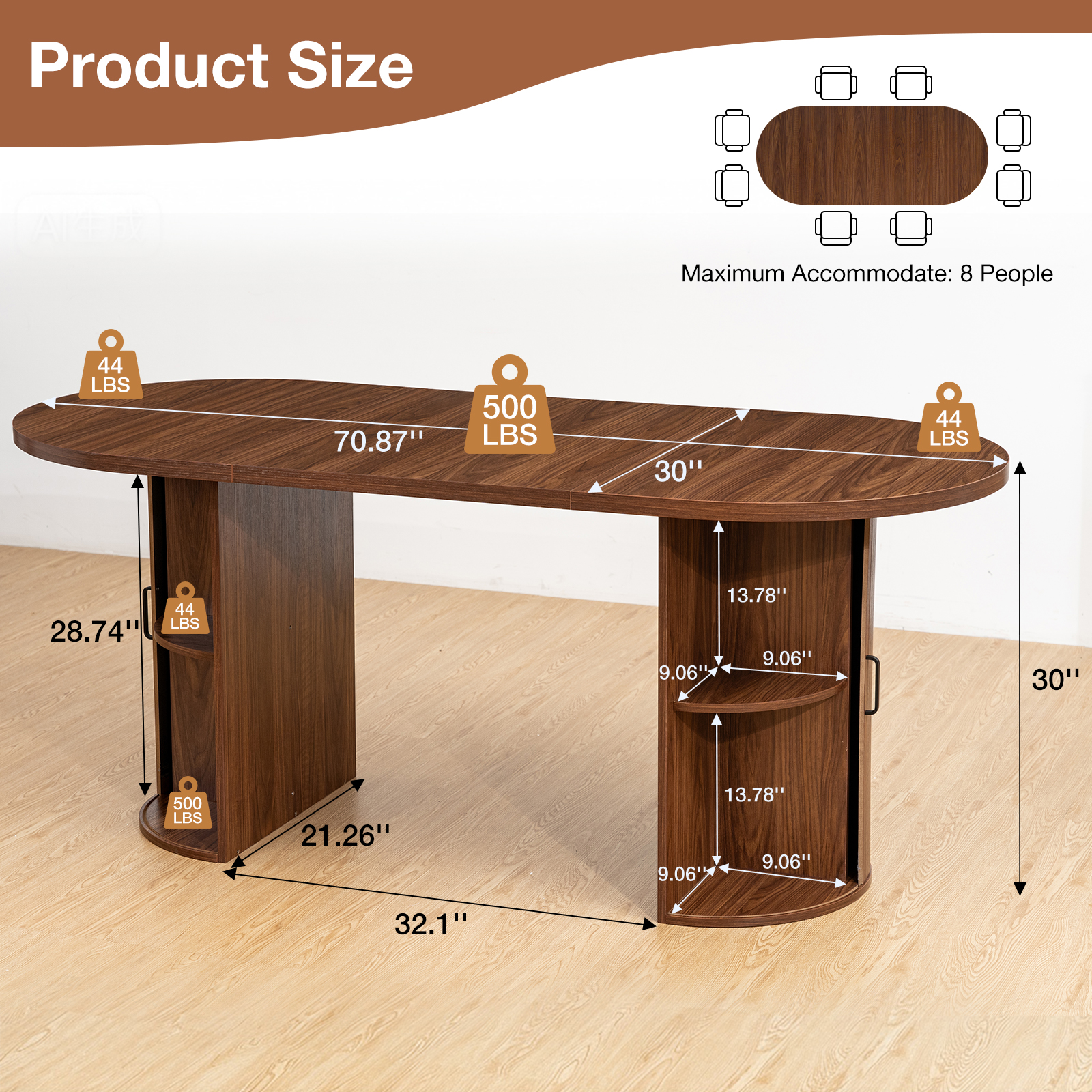 Hommpa 71" Dining Table for 6,Modern Oval Kitchen Table With Storage Cabinet,Long Dining Room Tables With Wood Strip Base for Kitchen Dining Room Living Room,Walnut
