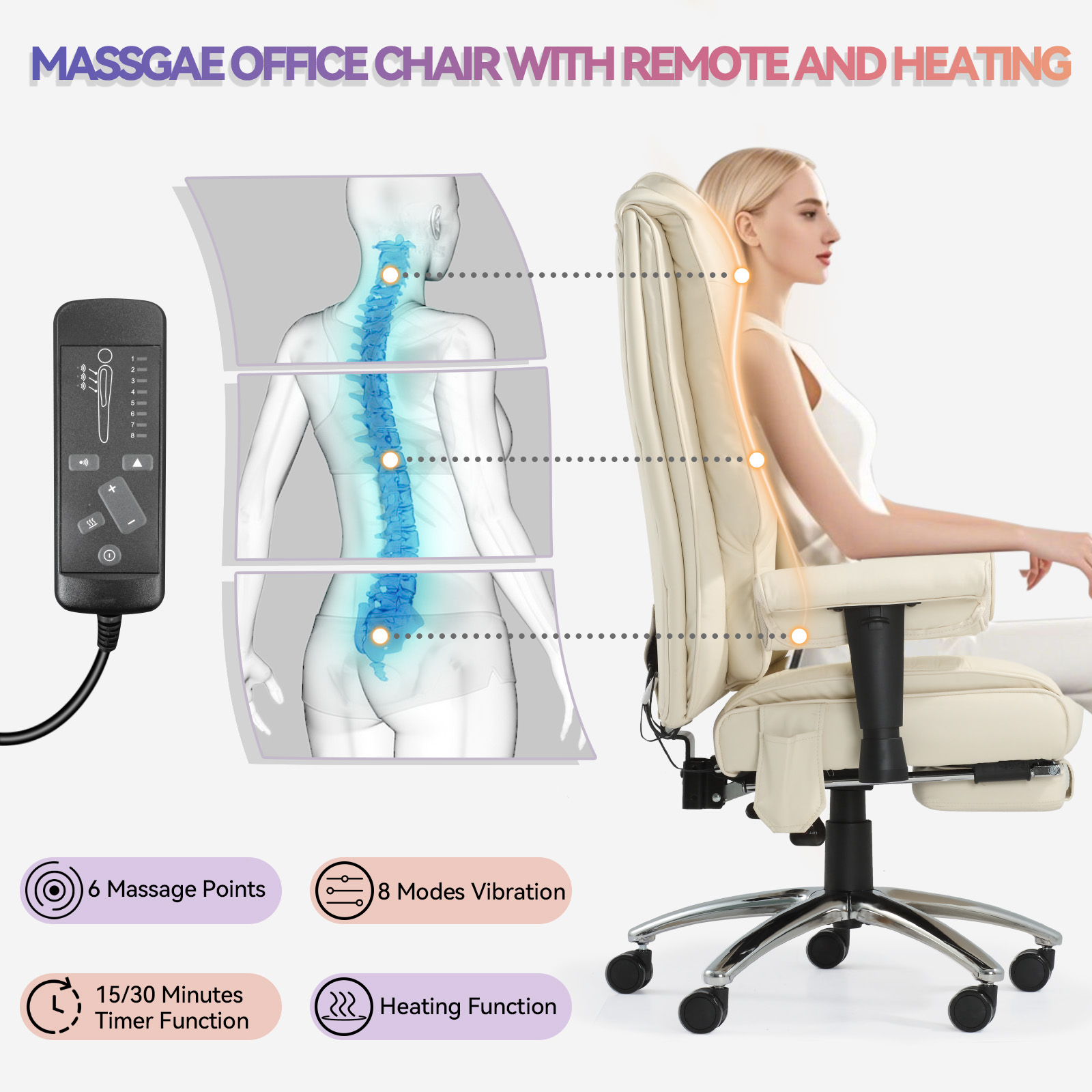 6-Point Massage Office Chair with Heating – Premium Ergonomic Executive Chair with Retractable Footrest & Reclining Function